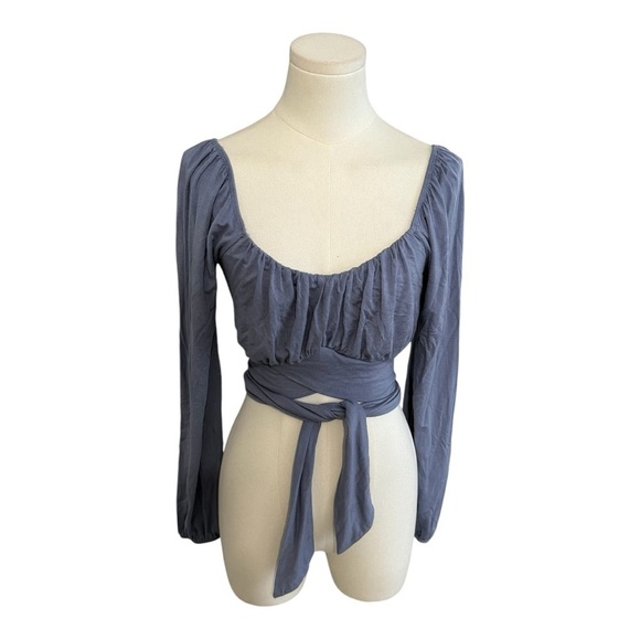 ACTIVE USA Back Tie Puff Long Sleeve Crop Top Steel‎ Blue Purple Size L Shirt - Picture 3 of 6